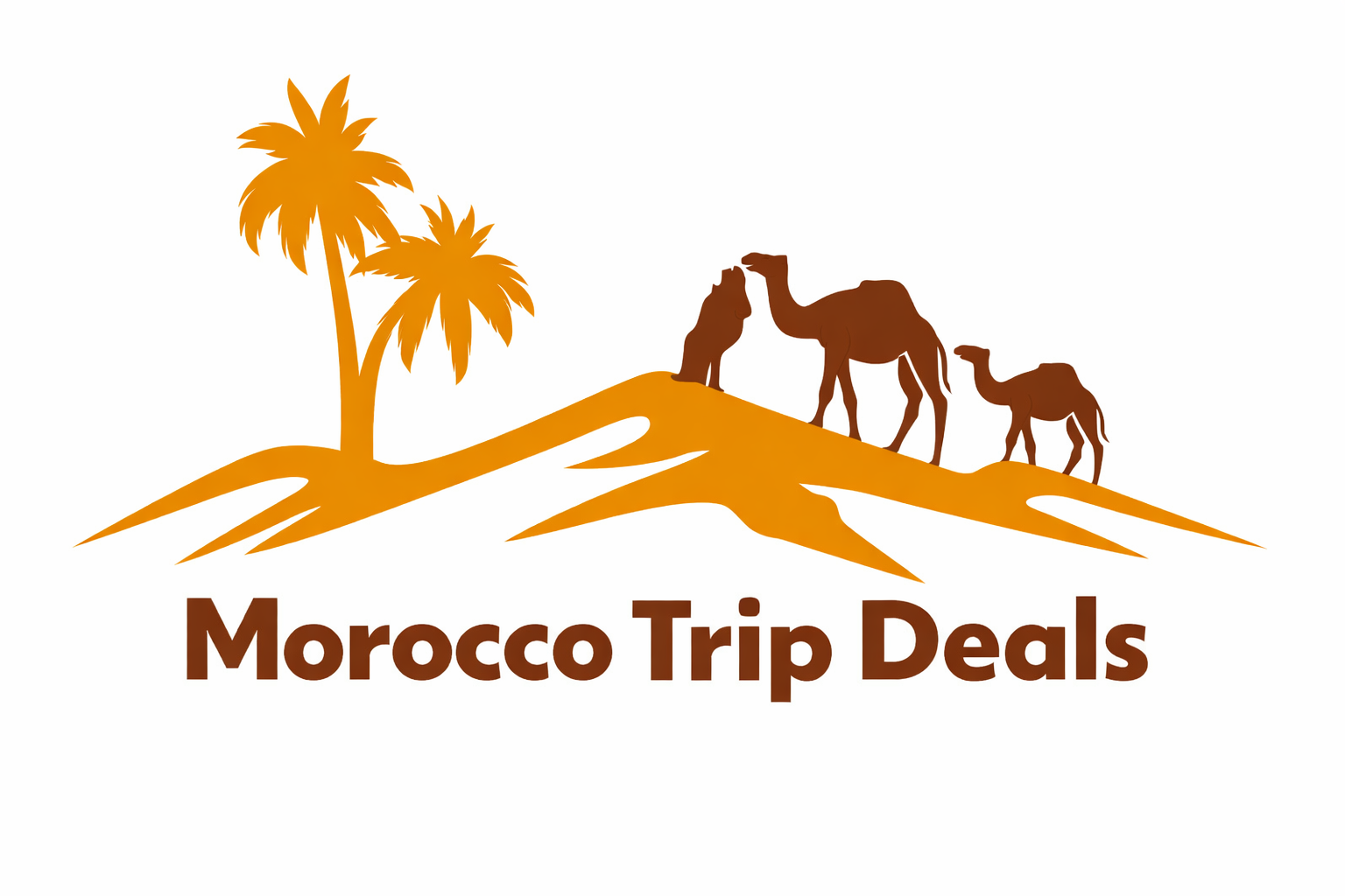 “Morocco Trip Deals travel agency logo with desert dunes, palm trees, and camels”